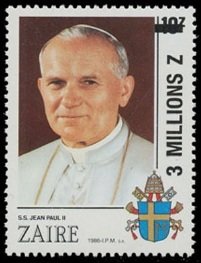 Stamp, CD 1313 with new value, Zaire,  , Religion, Popes