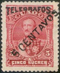 Stamp, President Juan Flores - Telegraph stamp with diagonal overpr, Ecuador,  