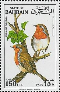 Stamp, European Robin (Erithacus rubecula), Bahrain,  , Birds