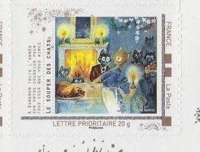 Stamp, Cats' Suppertime. Le Souper des Chats, France,  , Cats, Christmas, Food