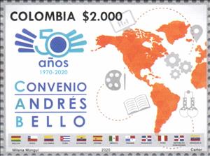 Stamp, Andres Bello Integration Agreement, 50th Anniversary, Colombia,  , Diplomacy, Education, Maps