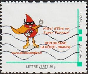 Stamp, Gift of Blood. Super Donneur. Don du Sang. Laposte Orange, Personalized and Private Mail Stamps,  , Cartoons, Healthcare