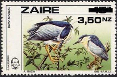 Stamp, Black-crowned Night Heron (Nycticorax nycticorax), Zaire,  , Birds, Animals (Fauna)