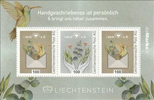 Souvenir Sheet, COVID-19 : I Denk A Di (I Think Of You), Liechtenstein,  , Birds, Diseases, Flowers, Hands, Hearts, Letters (Mail), Plants (Flora)