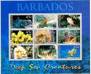 Mini Sheet, Sheet of 9, Deep Sea Creatures, Barbados,  
