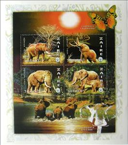 Souvenir Sheet, African Elephant (Loxodonta africana), Zaire,  , Elephants