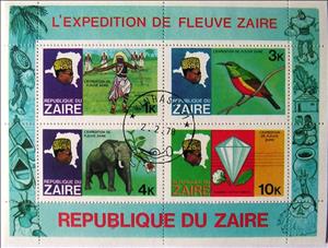 Souvenir Sheet, Expedition On River Zaire, Zaire,  , Animals (Fauna), Birds, Elephants, Expeditions, Gemstones, Heads of State, Maps, Minerals