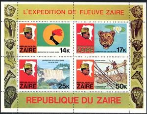 Souvenir Sheet, The voyage of discovery of the River Zaïre, Zaire,  , Heads of State, Fishery, Flowers, Maps, Politicians, Waterfalls, Лев, Torchs