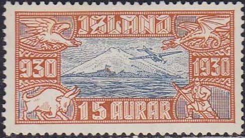 Stamp, 1000th anniv. Parlament: Snæfellsjökull, Iceland,  , Snow, Parliaments, Volcanos, National Parks, Aircrafts, Anniversaries and Jubilees