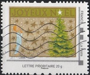 Stamp, Happy Christmas. Joyeux Noel, France,  , Christmas, Stars, Trees