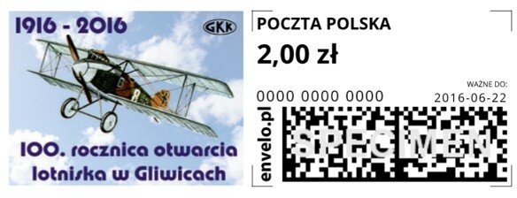 Stamp, 100th ANNIVERSARY OF THE AIRPORT OPENING IN GLIWICE, Personalized and Private Mail Stamps,  , Aircraft, Anniversaries and Jubilees, Aviation