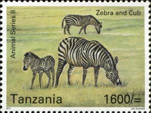 Stamp, Zebra and Cub, Tanzania,  , Animals (Fauna), Mammals, Zebras