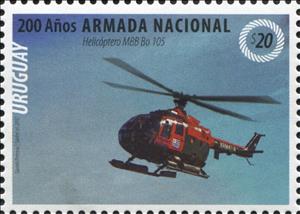 Stamp, Helicopter MBB Bo 105, Uruguay,  , Aviation, Helicopters, Navies