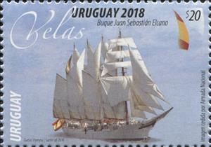 Stamp, "Juan Sebastián Elcano" (Spain), Uruguay,  , Flags, Sailing Ships