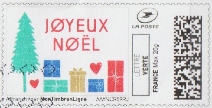 One tree and five presents. Joyful Christmas. Joyeux Noel