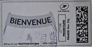 Stamp, Welcome Banner. Bienvenue, Personalized and Private Mail Stamps,  , Greetings