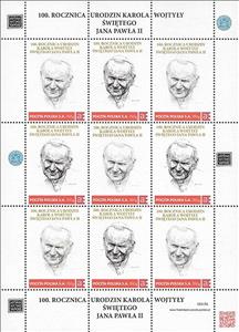 Mini Sheet, 100th anniversary of the birth of Karol Wojtyla Saint John P, Personalized and Private Mail Stamps,  , Anniversaries and Jubilees, Popes