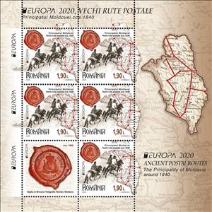 Mini Sheet, Postal Routes of 1840 in Moldavia, Romania,  , C.E.P.T. / Europe, Horses, Maps, Postal History, Postal Services