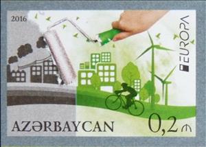 Stamp, Europa - Think green, Azerbaijan,  , Bicycles, Birds, Buildings, C.E.P.T. / Europe, Energy, Environment Protection, Hands