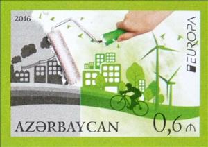 Stamp, Europa - Think green, Azerbaijan,  , Bicycles, Birds, Buildings, C.E.P.T. / Europe, Energy, Environment Protection, Hands