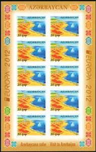 Mini Sheet, EUROPA Tourism (Tourism promotion), Azerbaijan,  , Aircraft, Aviation, C.E.P.T. / Europe, Lakes, Sailing Ships, Ships, Tourism