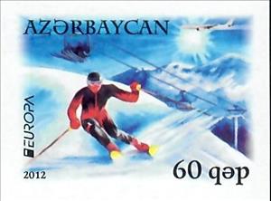 Stamp, EUROPA Tourism (Tourism promotion), Azerbaijan,  , Aircraft, Aviation, C.E.P.T. / Europe, Skiing, Sports, Tourism