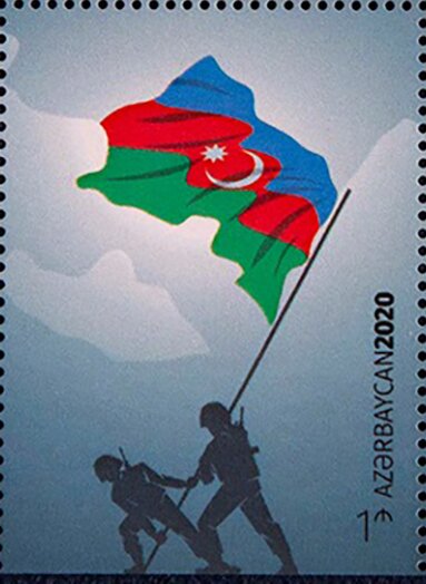 Soldier Raising Flag and Map of Azerbaijan