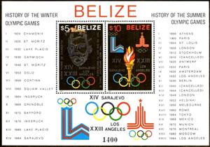 Souvenir Sheet, Coubertin, emblems, torch, Belize,  , Olympic Games, Sports, Torches
