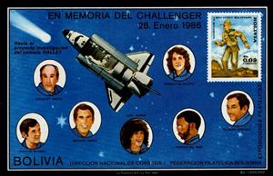 Souvenir Sheet, Explosion of the american space shuttle CHALLENGER, Bolivia,  , Astronauts, Space Traveling
