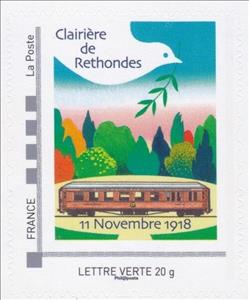 Stamp, 11 November 1918. Clariere de Rethondes Armistice Signature, France,  , First World War, Forests, Peace Doves, Railways