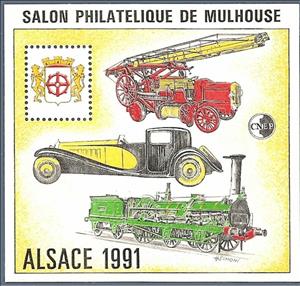 Souvenir Sheet, Alsace 1991 Mulhouse Philatelic Show, France,  , Cars, Coats of Arms, Fire-brigade, Locomotives, Philatelic Exhibitions, Railways, Vehicles