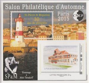 Souvenir Sheet, Autumn Philatelic Show 2015 Paris, Saint Pierre and Miquelon, France,  , Anniversaries and Jubilees, Famous People, Lighthouses, Logos, Painters, Philatelic Exhibitions, Post Offices, Townscapes / City Views