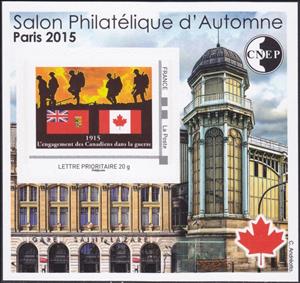 Souvenir Sheet, Autumn Philatelic Show Paris 2015. Canadians join the war, France,  , Army, Buildings, First World War, Flags, Logos, Military Forces, Philatelic Exhibitions