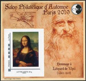 Souvenir Sheet, Autumn Philatelic Show Paris 2019 Leonardo Da Vinci. Mona, France,  , Logos, Painters, Paintings, Philatelic Exhibitions, Women