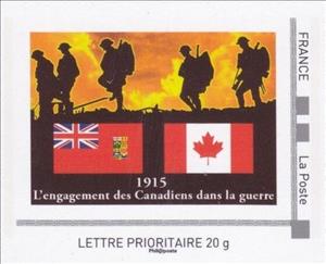Stamp, Canadians join the war 1915, France,  , Army, First World War, Flags, Military Forces
