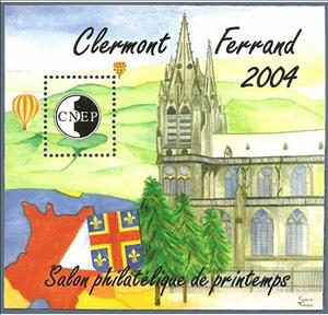 Souvenir Sheet, Clermond Ferrand 2004 Spring Philatelic Show, France,  , Churches - Cathedrals - Basilicas - Chapels, Coats of Arms, Logos, Philatelic Exhibitions, Townscapes / City Views