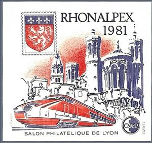 Souvenir Sheet, Rhonalpex Philatelic Show Lyon, France,  , Churches - Cathedrals - Basilicas - Chapels, City Walls, Coats of Arms, Philatelic Exhibitions, Railways, Townscapes / City Views
