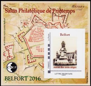 Souvenir Sheet, Spring Philatelic Show Belfort 2016. Statue des trois Sieges, France,  , Fortresses / Strongholds, Logos, Maps, Monuments, Philatelic Exhibitions, Statues