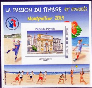 Souvenir Sheet, Stamp Passion 92nd Congress Montpellier 2019, France,  , Architecture, Beaches, Beachvolleyball, Football (Soccer), Logos, Philatelic Exhibitions, Sports