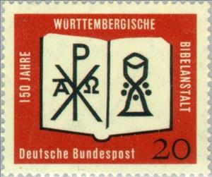 Stamp, Open Bible with the monogram of Christ and goblet, Germany, Federal Republic,  , Commemoration, Biblical Accounts, Religion, Books