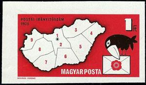 Stamp, Introduction of postal code system, Hungary,  , Birds, Letters (Mail), Maps, Postal Services, Postcodes, Stylized Animals