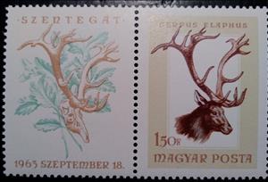 Stamp with Attached Label, Red Deer (Cervus elaphus), Hungary,  , Animals (Fauna), Deer, Hunting, Mammals
