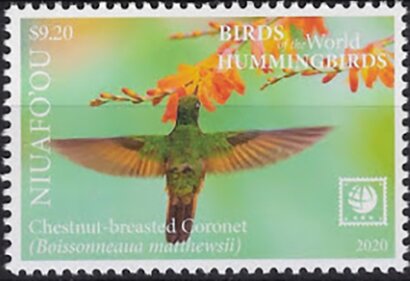 Stamp, Chestnut-Breasted Coronet (Boissonneaua matthewsii), Niuafo'ou,  , Birds, Hummingbirds