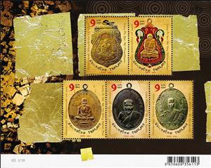 Souvenir Sheet, Five Venerated Monks Medallions, Thailand,  , Buddhism, Monks