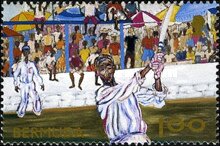 Stamp, Painting "One Hundred Up", Bermuda,  , Cricket, Paintings