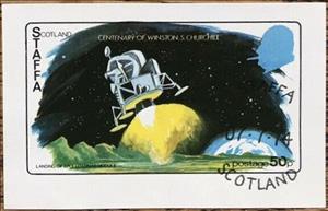 Stamp, Landing of Apollo Lunar Module. Centenary Winston Churchill, Cinderellas,  , Moon Landing, Space Traveling, Spacecrafts