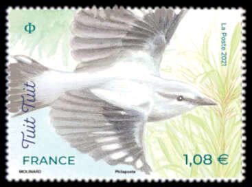 Stamp, Réunion cuckooshrike (Lalage newtoni), France,  , Animals (Fauna), Birds