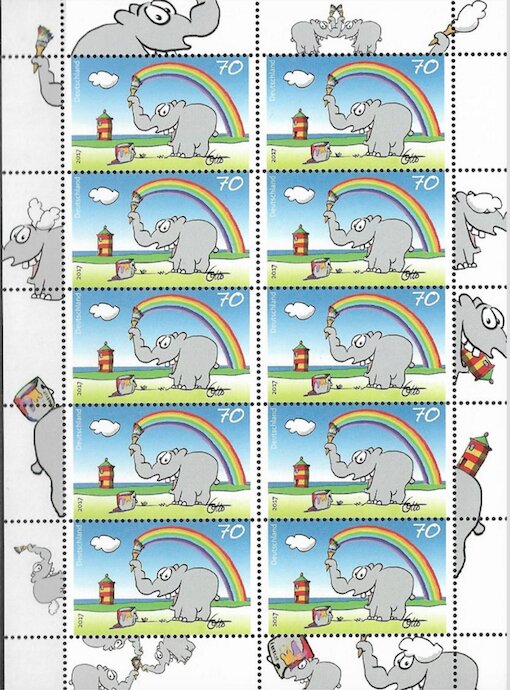 Colorful greeting , elephant painting a rainbow