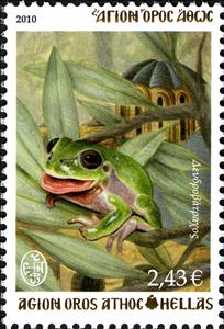 Stamp, Common Tree Frog (Hyla arborea), Greece, Mount Athos,  , Amphibians, Animals (Fauna), Frogs