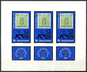 Mini Sheet, International Stamp Exhibition STOCKHOLMIA '74, Stockholm, Hungary,  , Philatelic Exhibitions, Stamps